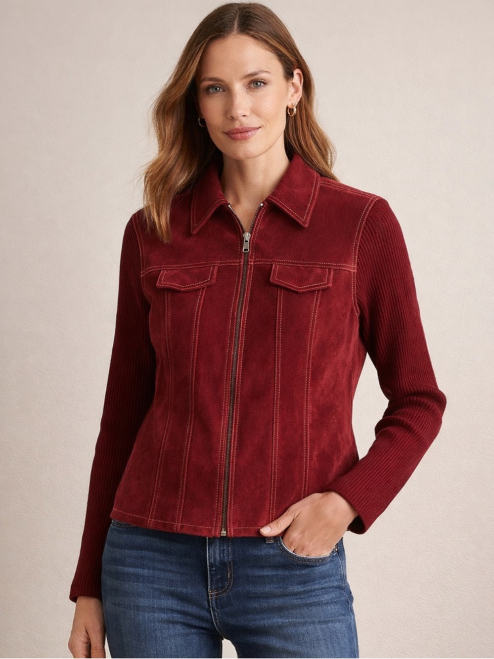 Coldwater Creek Burgundy Deep Red  Leather Jacket Rib Knit Sleeve Mixed Media